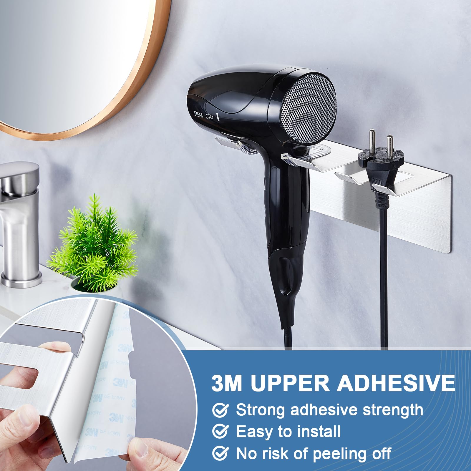 SUS 304 Stainless Steel Hair Dryer Holder Wall Mounted, Self Adhesive Hair Straightener Holder, Universal Blow Dryer Holder with Plug Hooks for Cabinet Bathroom