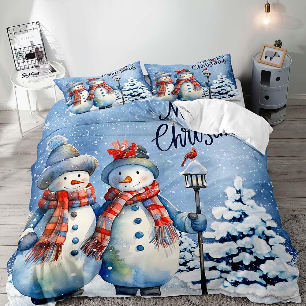 LUVIVIHOME 3PCS Snowman Duvet Cover King Bedding, Christmas Bedding, Light Blue Bedding, Boys Girls Kids Bedding, Holiday New Year Xmas Gifts Christmas Comforter Bedspread Quilt Cover, 2 Pillow Cases