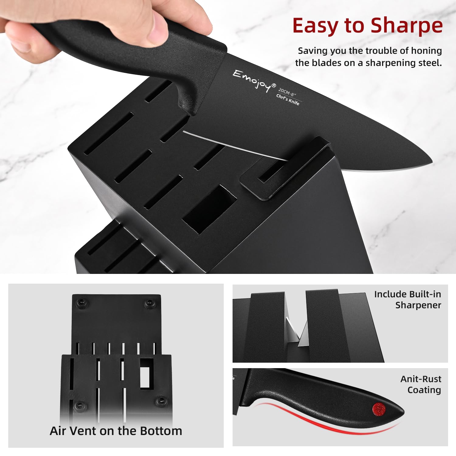 Emojoy 15Pcs Kitchen Knife Set with Block and Built-in Sharpener, Stainless Steel Knife Block Set, Dishwasher Safe, Black