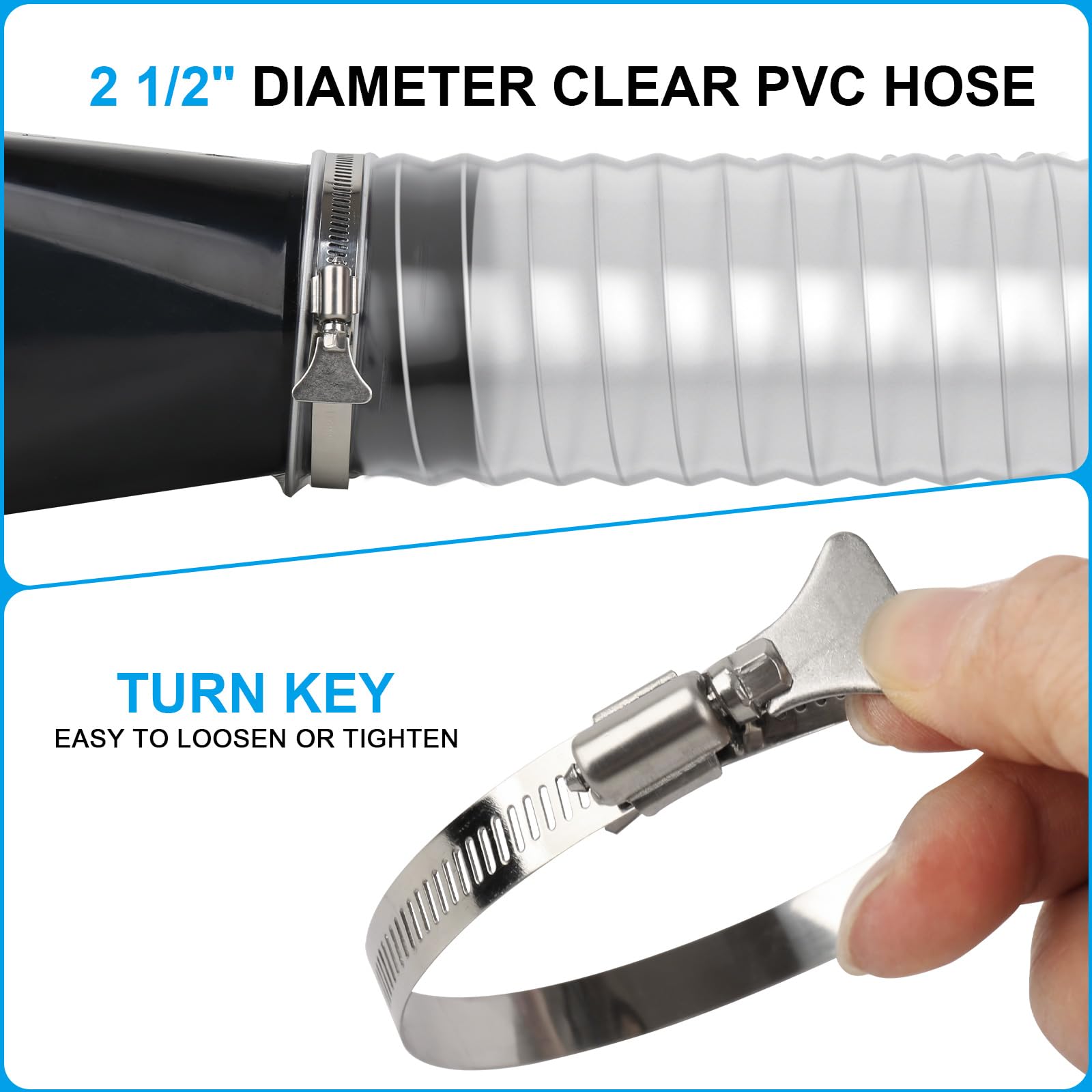 Elecoman 2 1/2" x 50' Heavy PVC Dust Collection Hose,Flexible Clear Debris and Fume Collection Hose with Stainless Steel Hose Clamps for Dust Collectors with 2 1/2" Ports, Ideal for Shop Vacuums