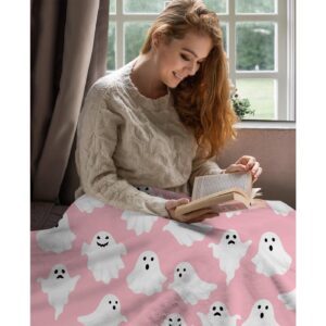 Pink Ghost Blanket for Girls Women Kids Flannel Plush Cute Throw Blanket Soft Cozy Throw Blankets for Couch Bed Sofa Pink Halloween Kawaii Living Room Decor Blankets Gifts for All Season 50x60 Inch