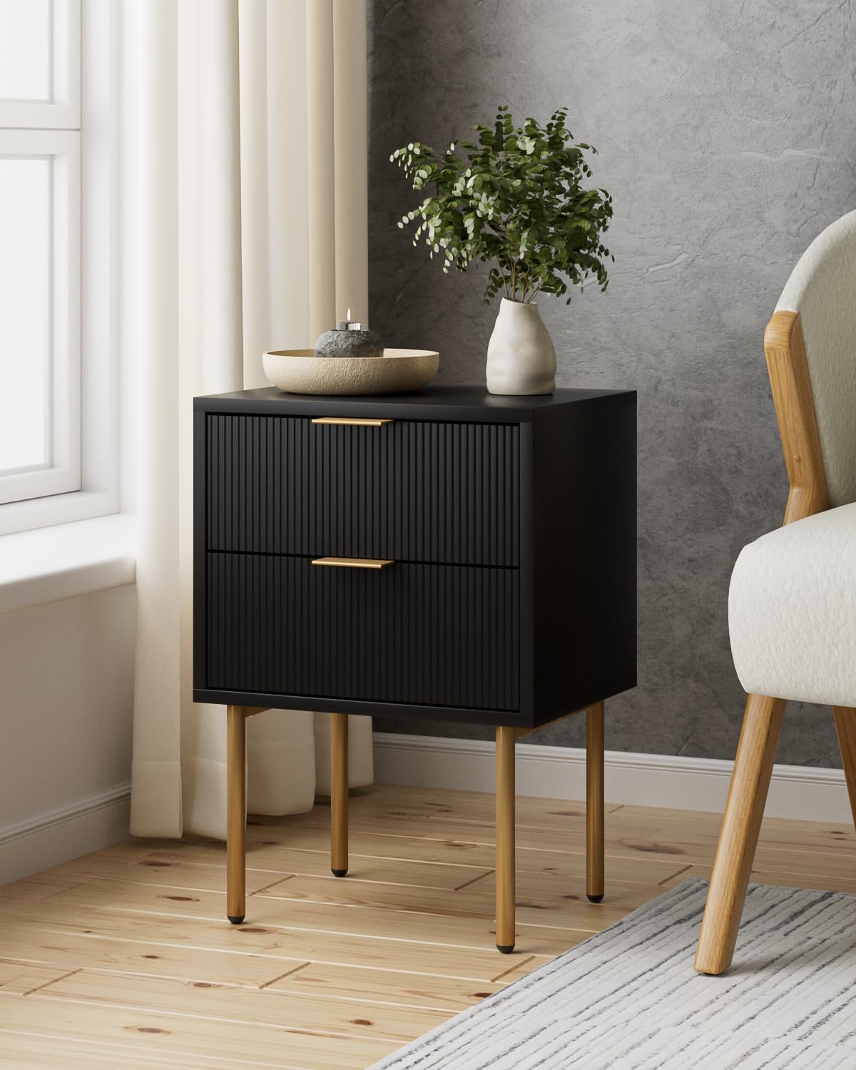 AEPOALUA Nightstand,Small Bedside Table with Gold Frame,White Night Stand,Bedside Furniture,Side Table with Drawer and Shelf for Bedroom,Living Room (Mid-Century-Stripe, Black.)