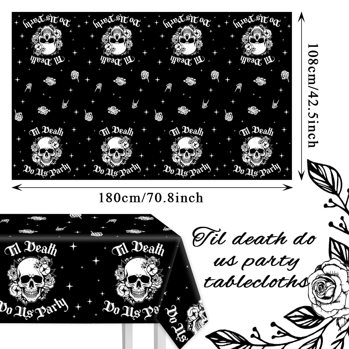 CMUSKO 3Pcs Til Death Do Us Party Tablecloths-Halloween Bachelorette Decorations Black Gothic Skull Disposable Rectangular Plastic Table Cover for Bridal Shower Engagement Party