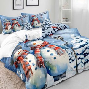 LUVIVIHOME 3PCS Snowman Duvet Cover King Bedding, Christmas Bedding, Light Blue Bedding, Boys Girls Kids Bedding, Holiday New Year Xmas Gifts Christmas Comforter Bedspread Quilt Cover, 2 Pillow Cases