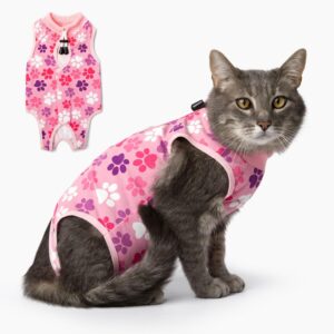 Cat Recovery Suit: Pink Cat Surgery Recovery Suit Female w/Paw Print Design - Elastic, Soft & Breathable Cat Recovery Suit for Spay - Washable Cat Surgery Suit for Post-Operative Healing Process.