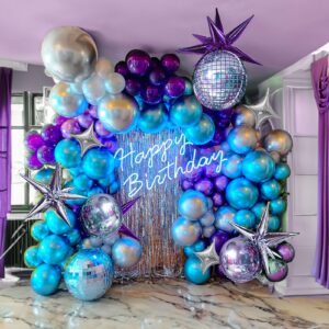 Chrome Purple and blue Disco Balloon garland Arch Kit 160pcs Metallic disco party decorations with Starburst disco ball balloons for Galaxy birthday 2024 graduation prom decorations