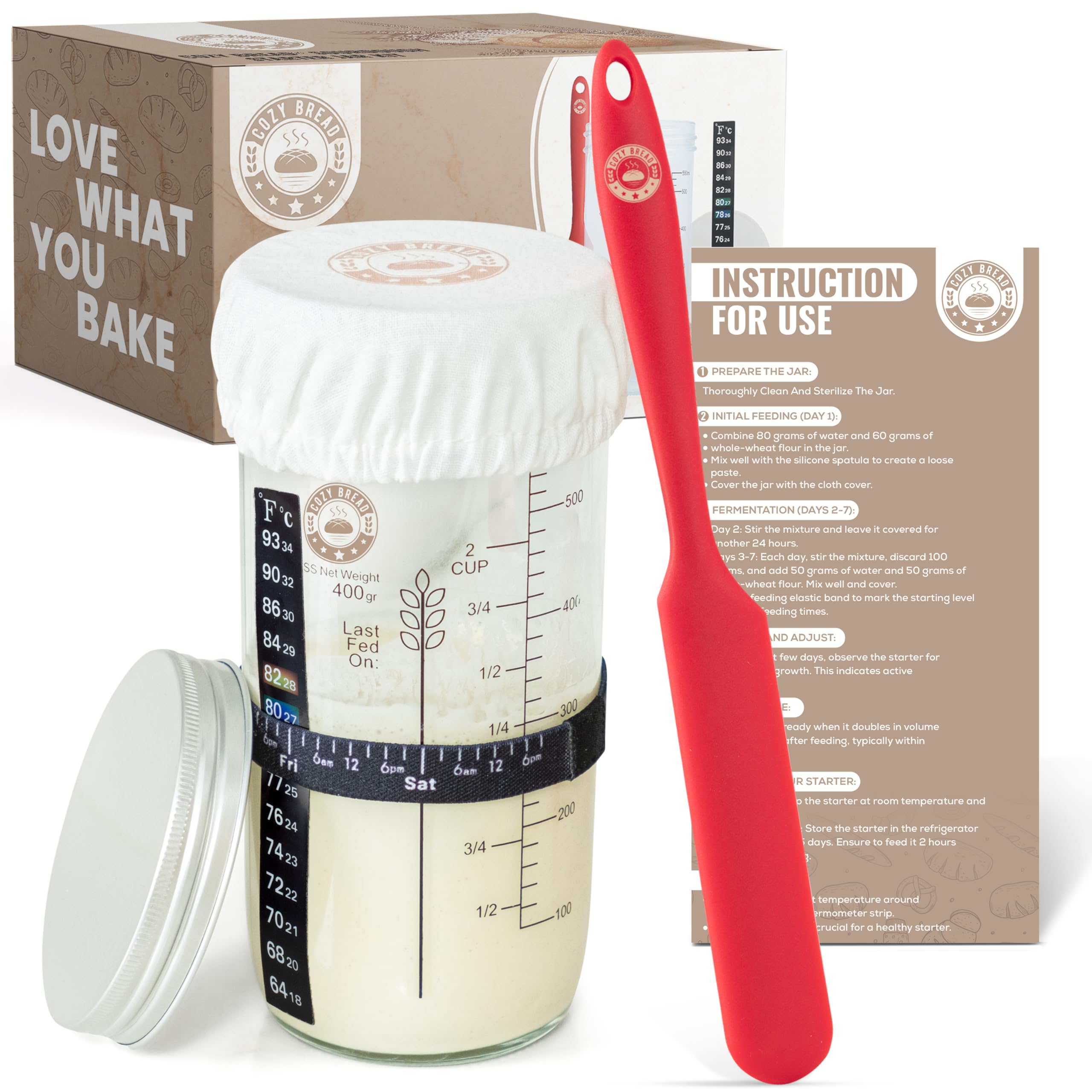 Sourdough Starter Jar Kit - 24 Oz Sourdough Starter Glass Jar with Date Marked Feeding Band, Thermometer, Silicone Scraper, Cloth Cover, and Metal Lid