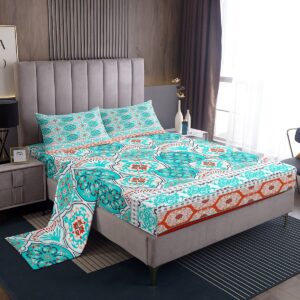 feelyou aqua bed sheet set lattice boho sheets set queen size for girls women teens college bohemian bedding set exotic floral tribal bed sheets with deep pocket fitted sheet room decor bed set