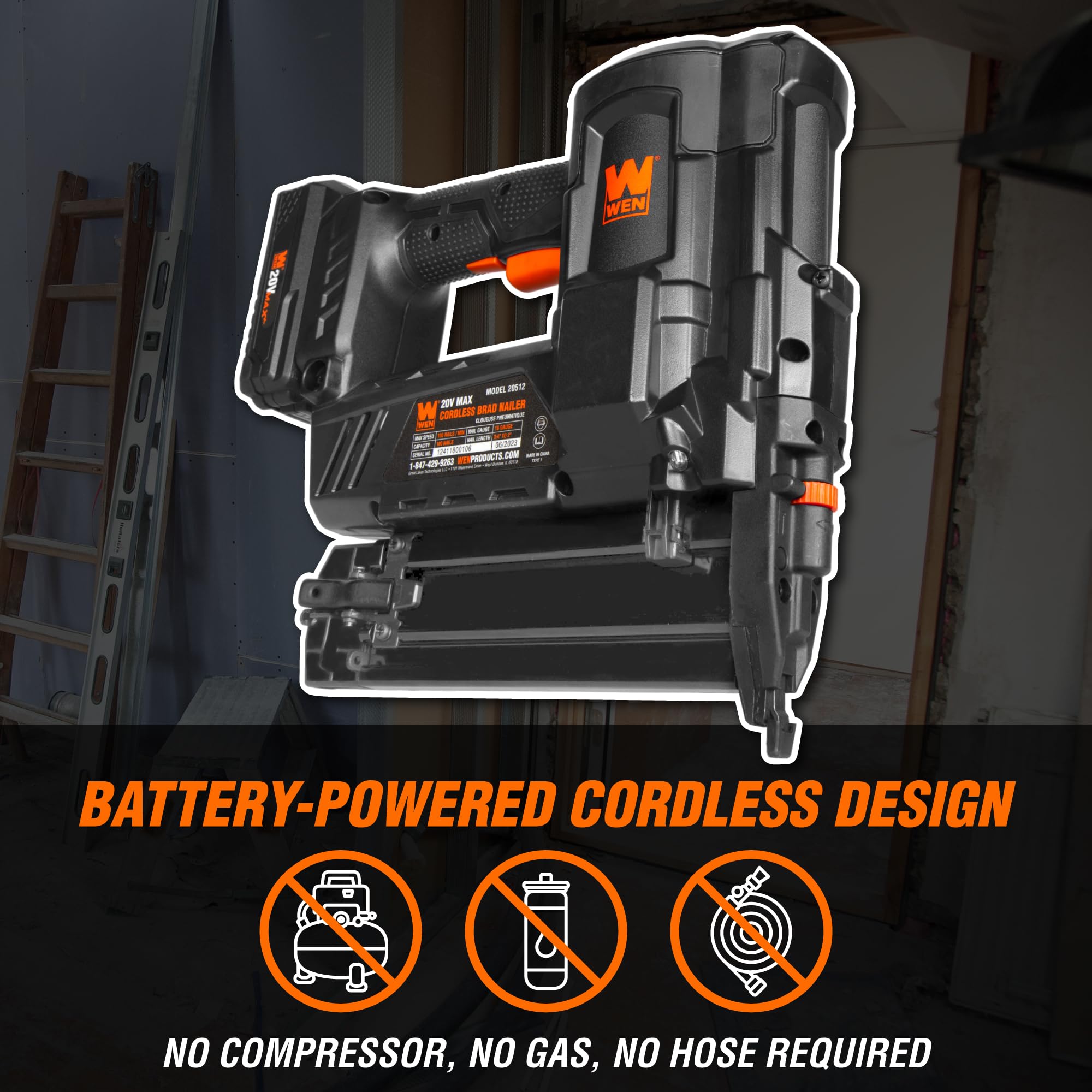 WEN 20V Max Cordless 18-Gauge Brad Nailer with 2.0Ah Battery and Charger (20512)