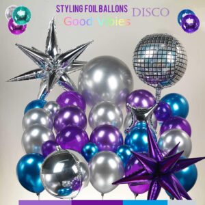 Chrome Purple and blue Disco Balloon garland Arch Kit 160pcs Metallic disco party decorations with Starburst disco ball balloons for Galaxy birthday 2024 graduation prom decorations