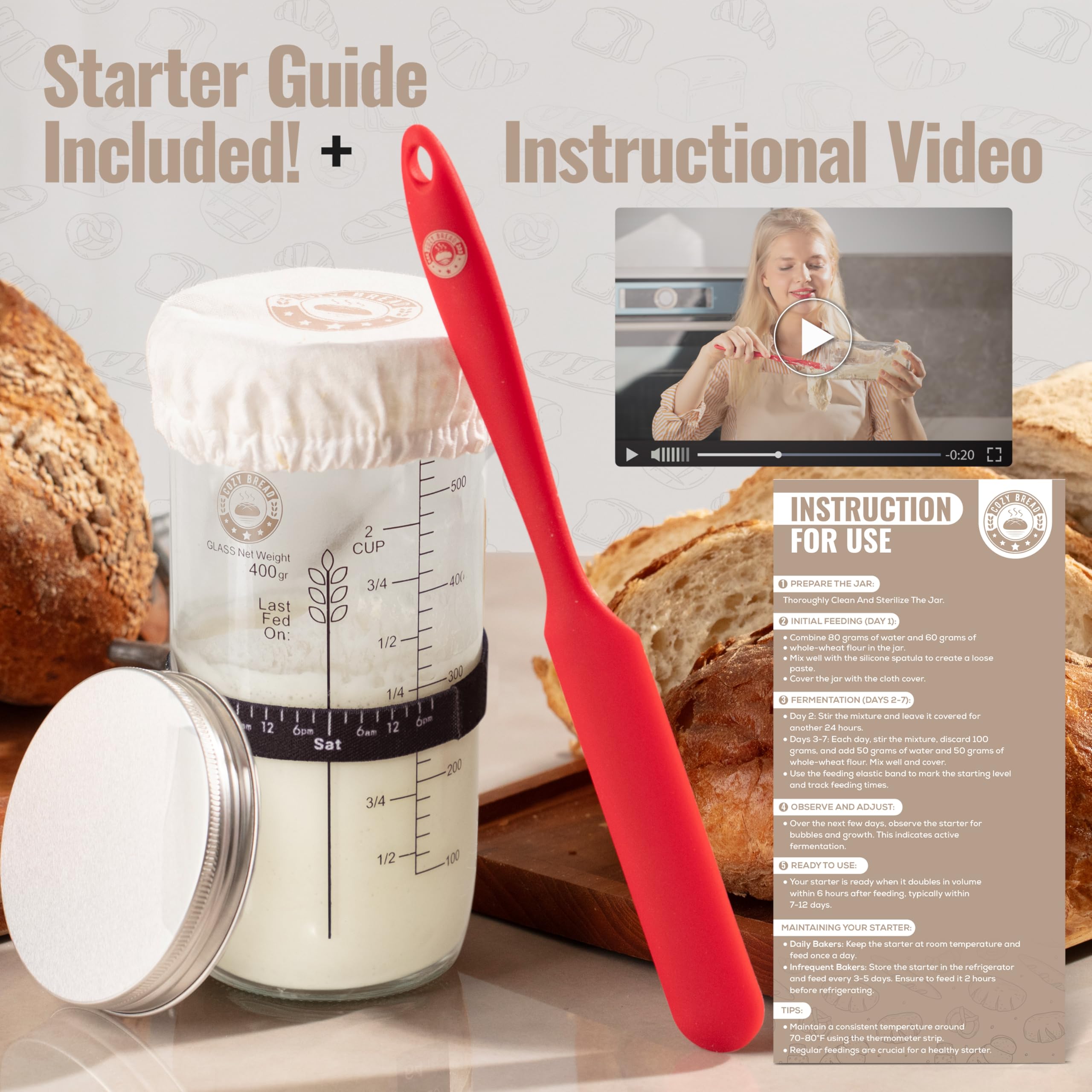 Sourdough Starter Jar Kit - 24 Oz Sourdough Starter Glass Jar with Date Marked Feeding Band, Thermometer, Silicone Scraper, Cloth Cover, and Metal Lid