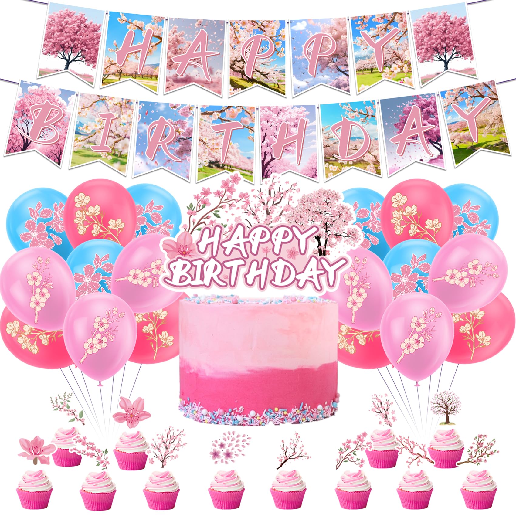 Cherry Blossom Party Decorations Cherry Blossom Birthday Party Supplies Japanese Decorations Includes Birthday Banner Cake Topper Cupcake Toppers Balloons for Wedding Bridal Baby Shower Decorations