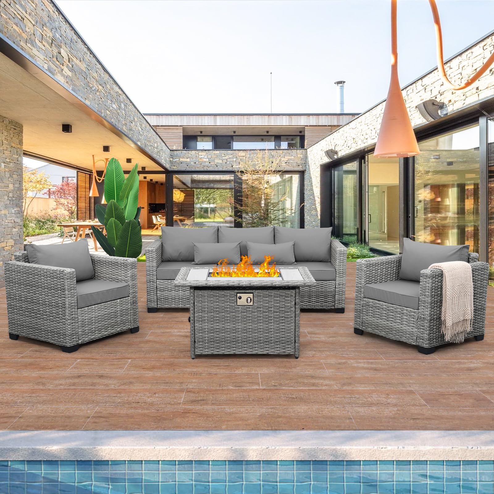 Rattaner Patio Furniture Set 4 Pieces Outdoor Furniture Sets Patio Couch Outdoor Chairs 42 Inches Propane Fire Pit Table with Anti-Slip Cushions and Waterproof Covers, Light Grey