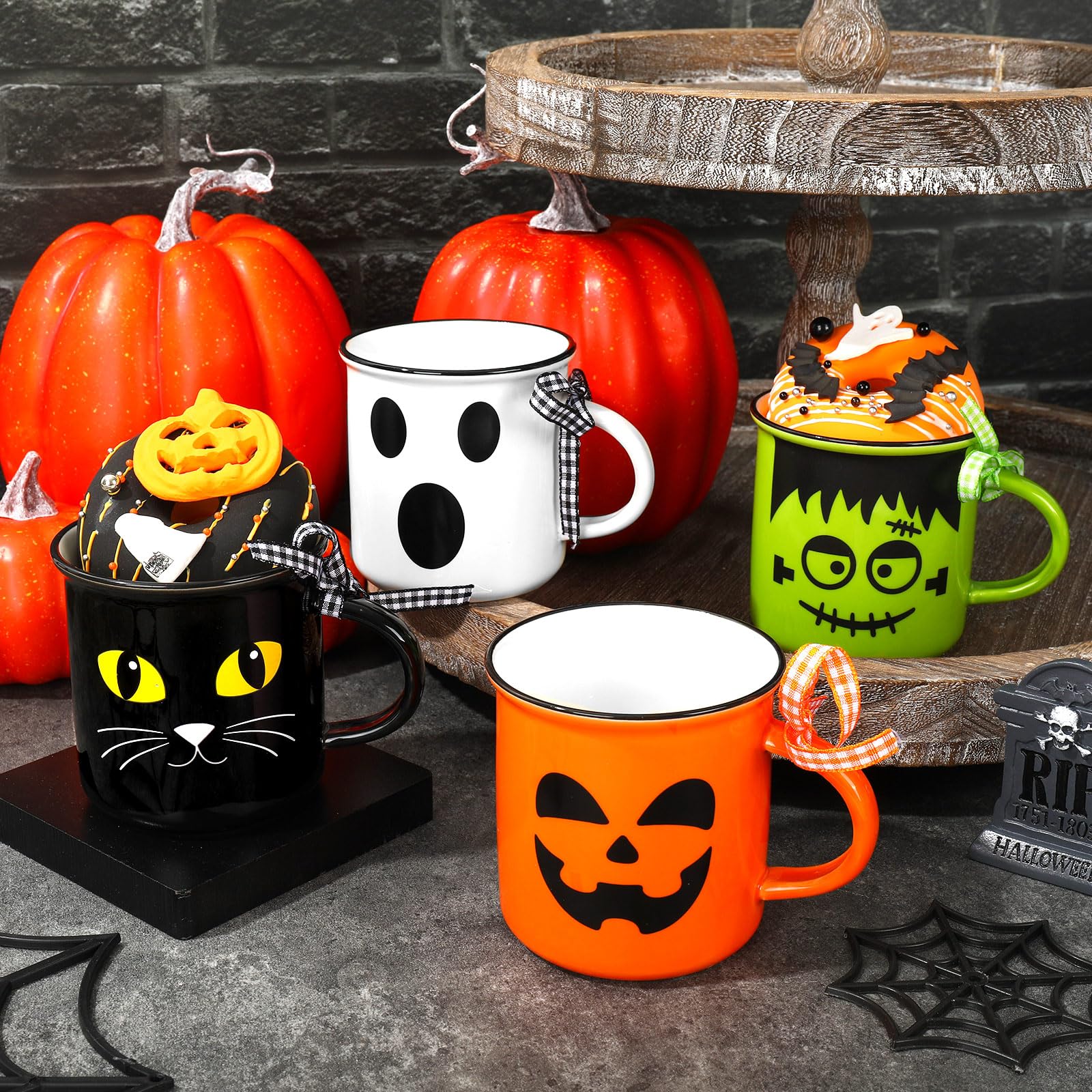 Whaline 4Pcs Halloween Mini Mugs with Plaid Ribbon Cat Monster Ghost Pumpkin Mini Coffee Mug Halloween Party Cups for Table Centerpieces Tiered Tray Decor Gifts