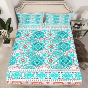 Feelyou Aqua Bed Sheet Set Lattice Boho Sheets Set Queen Size for Girls Women Teens College Bohemian Bedding Set Exotic Floral Tribal Bed Sheets with Deep Pocket Fitted Sheet Room Decor Bed Set