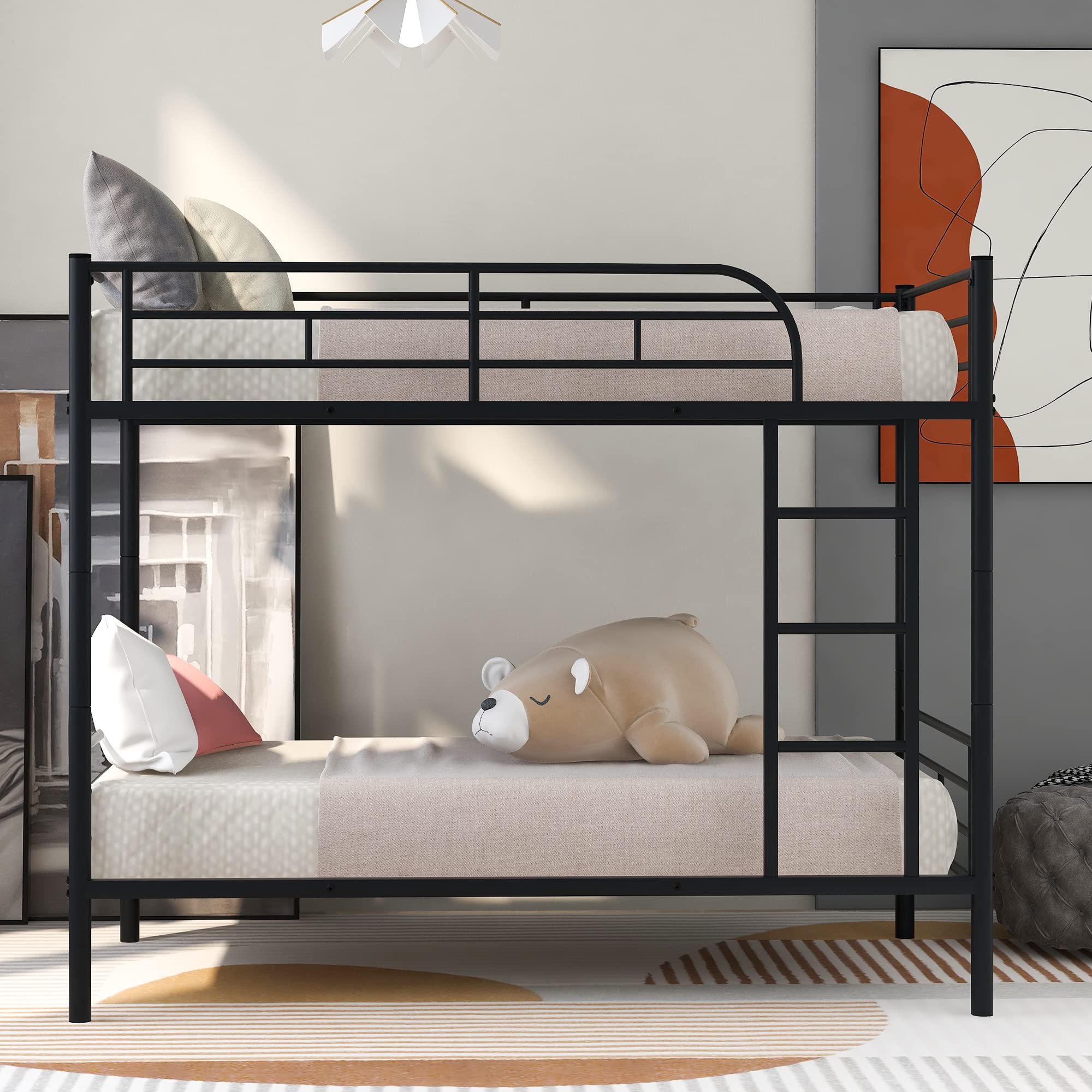 CNANXU Bunk Beds Twin Over Twin, Metal Bunk Bed with Guard Rails,Ladder for Young Boys Girls Dormitory Bedroom, No Box Spring Needed