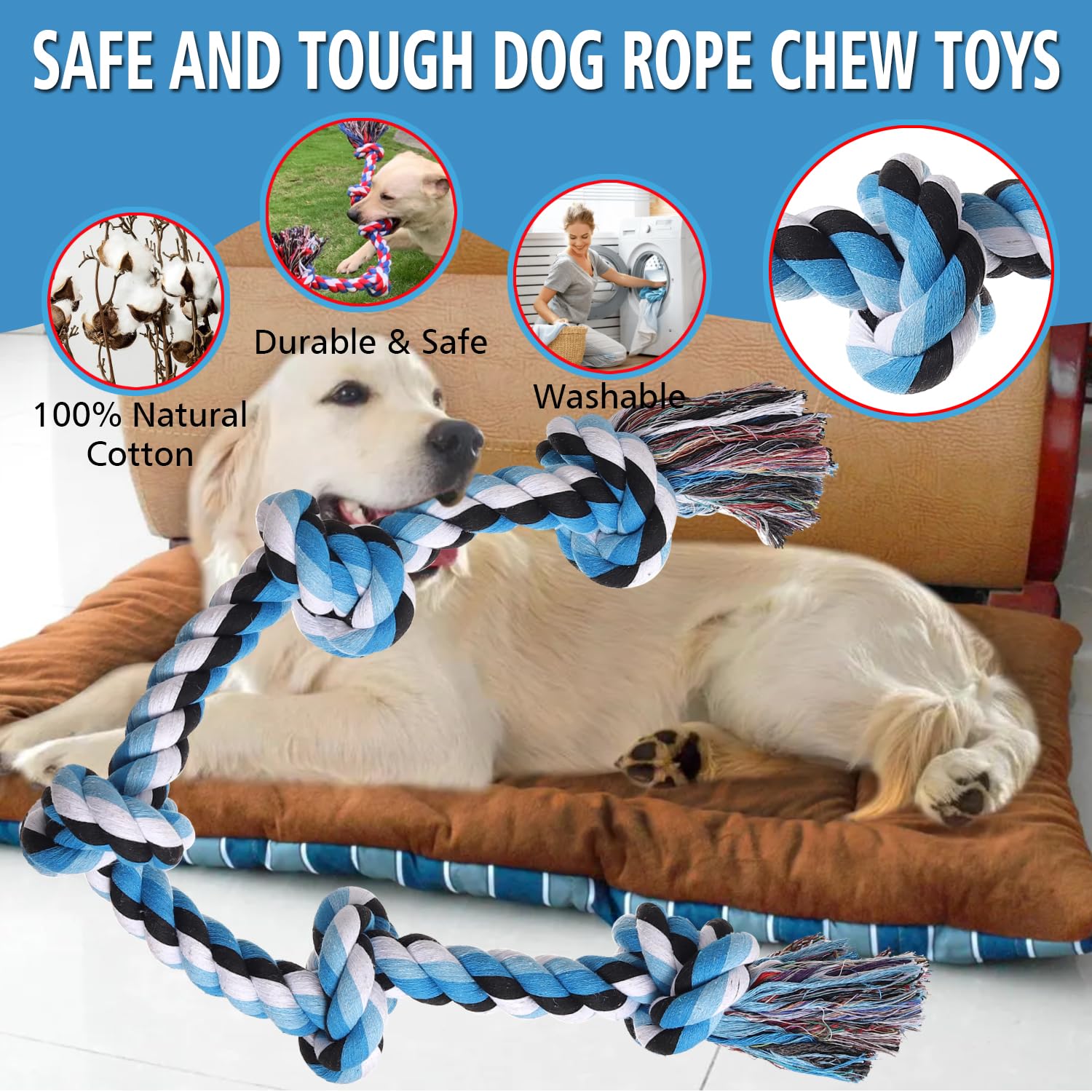 XIGOU Dog Rope Toys for Large Dogs Aggressive Chewers, Dog Chew Toys for Large Breed Indestructible, Heavy Duty Tough 3 Feet 5 Knots Dog Toy, Sturdy Rope toy for Dogs Tug of War Dog Toy Teeth Cleaning