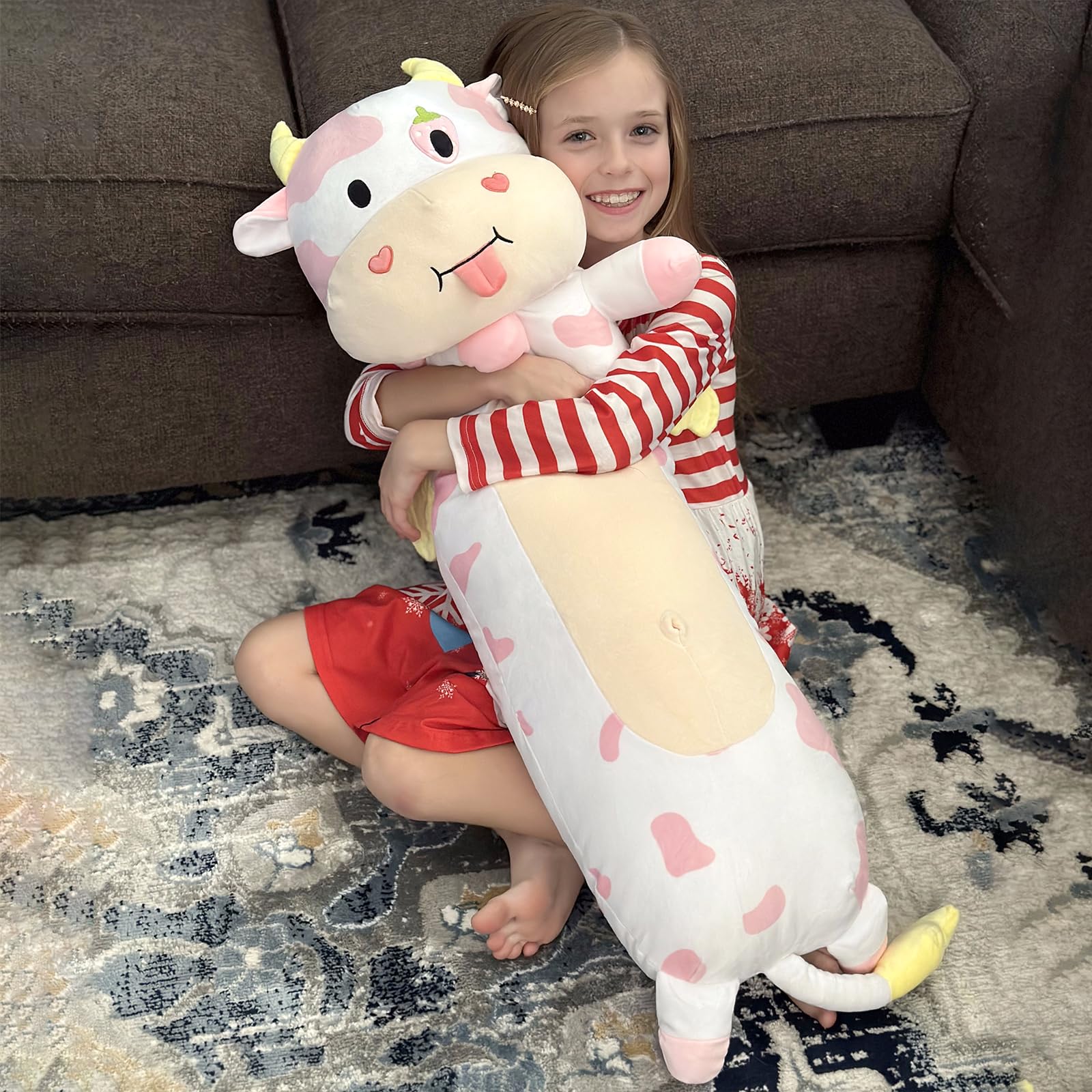 MorisMos Giant Cow Body Pillow 43'' Long Cow Pillow Plush, Pink Cow Stuffed Animal Glow in The Dark, Strawberry Cow Pillow with Heart for Girlfriend Valentine's Day Gift,Girl Boy Kid Body Pillow Gift