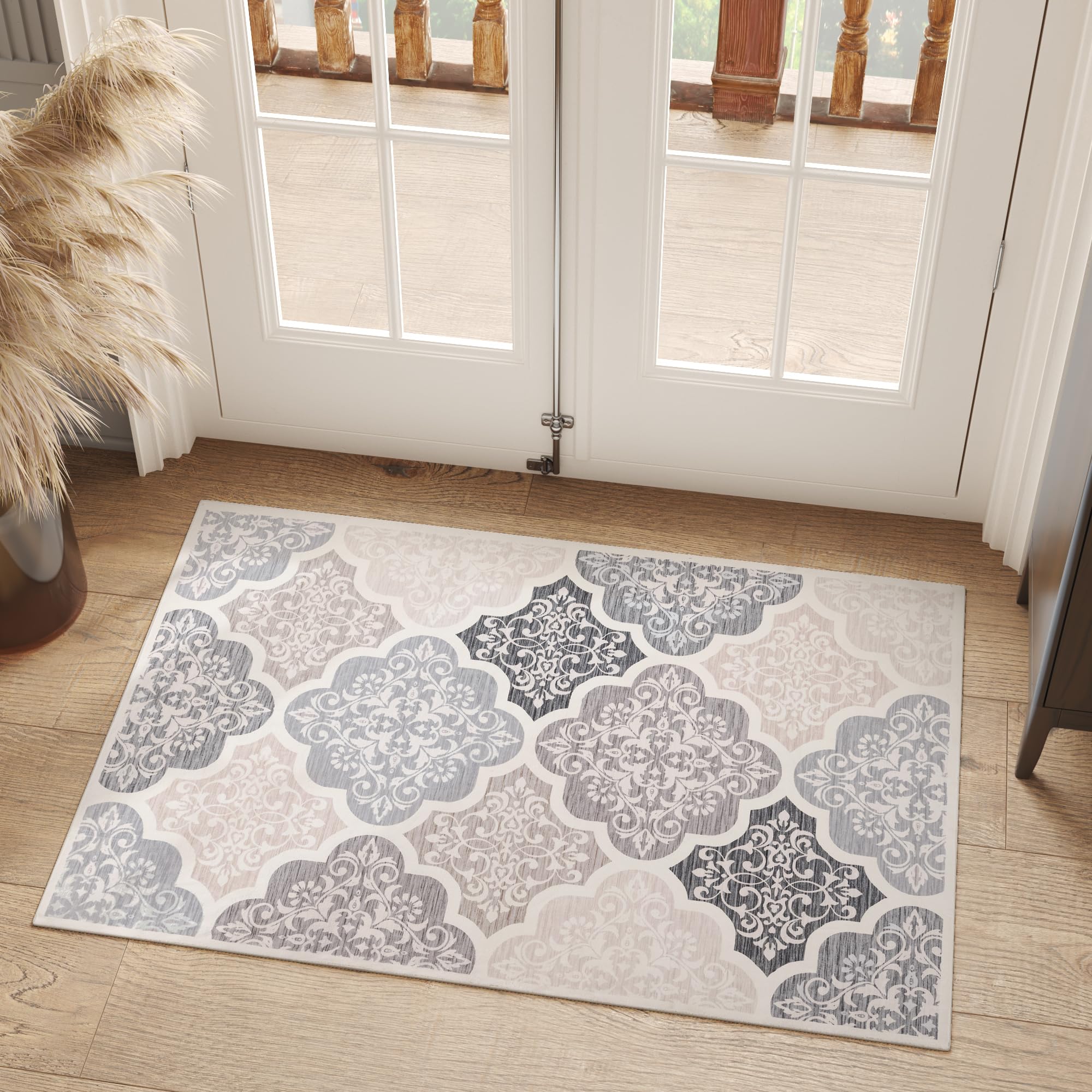 jinchan Area Rug 2x3 Entryway Moroccan Rug Washable Floral Rug Lattice Rug Indoor Door Mat Small Rug Non Slip Accent Rug Medallion Thin Rug Soft Rug Carpet for Kitchen Bathroom Bedroom Grey