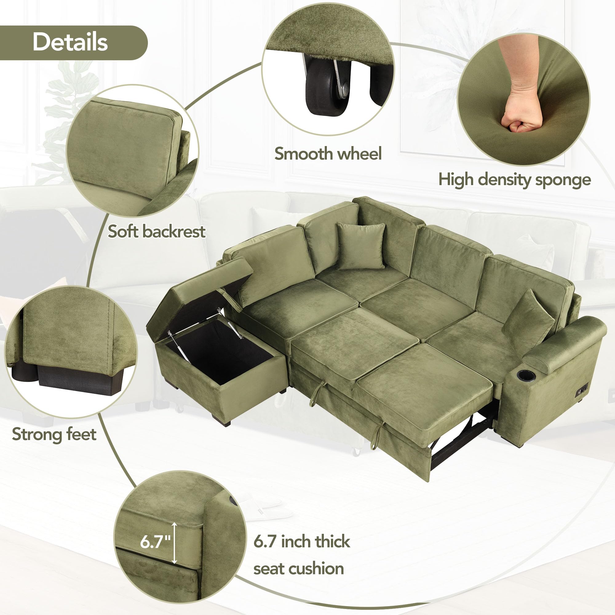 Linen L-shape Reversible Sleeper Sectional Sofa Couch with Storage Ottoman, 2 in 1 Pull Out Convertible Sofa Bed with Cup Holders and USB Charging Port for Living Room Apartment Office (Green-LI)