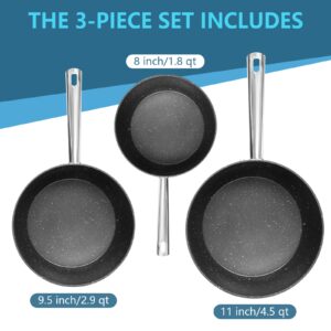 TIAJO 3-Piece Non-Stick Deep Frying Pan, Saute Pan Set - 8 Inch/1.8 Qt, 9.5 Inch/2.9 Qt and 11 Inch/4.5 Qt Skillet, Induction Compatible Cookware, Stainless Steel Handle, Oven Safe (Gray)