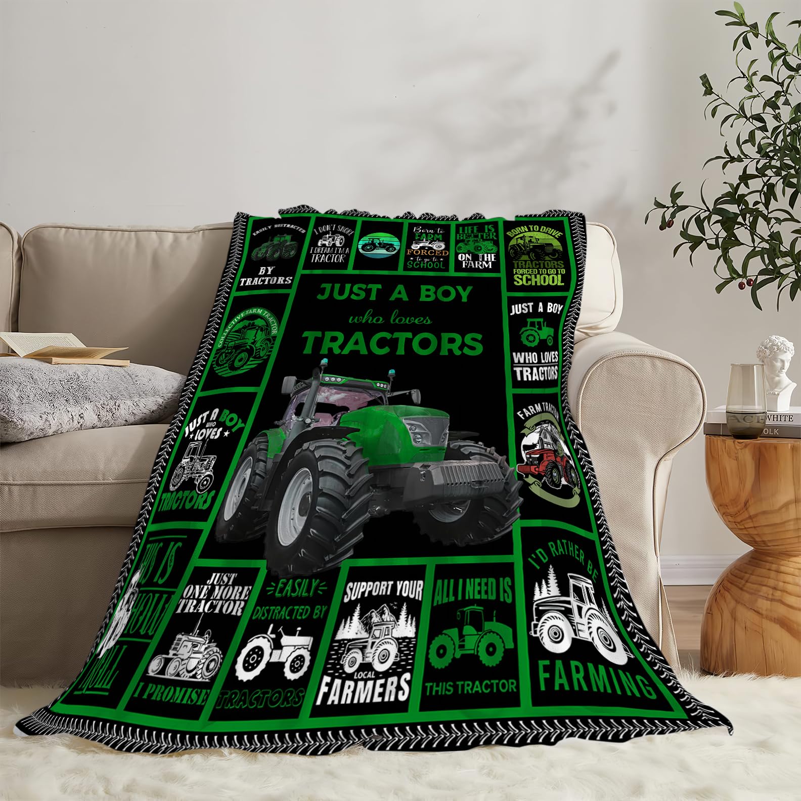 Tractor Blanket Soft Cozy Just a Boy Who Loves Tractors Throw Blanket Super Warm Fuzzy Fluffy Tractor Lightweight Fleece Flannel Gifts Blankets for Kids Adults 50"X40"