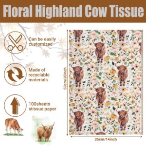 100 Sheets 20 * 14 Inches Floral Highland Cow Tissue Paper for Gift Bags, Boho Flower Gift Wrapping Tissue Paper for Birthday Wedding Baby Shower Cow Themed Party DIY Craft