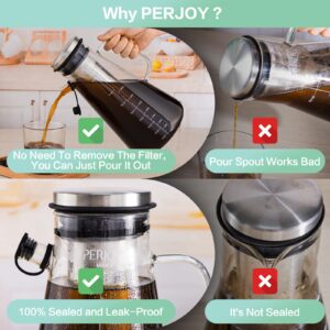 Perjoy Cold Brew Coffee Maker- 64oz/2qt Glass Iced Coffee Maker with Super Dense Stainless Steel Filter & Lid, Airtight Cold Brew Pitcher for Coffee,Ice Tea,Fruit Drinks,Lemonade