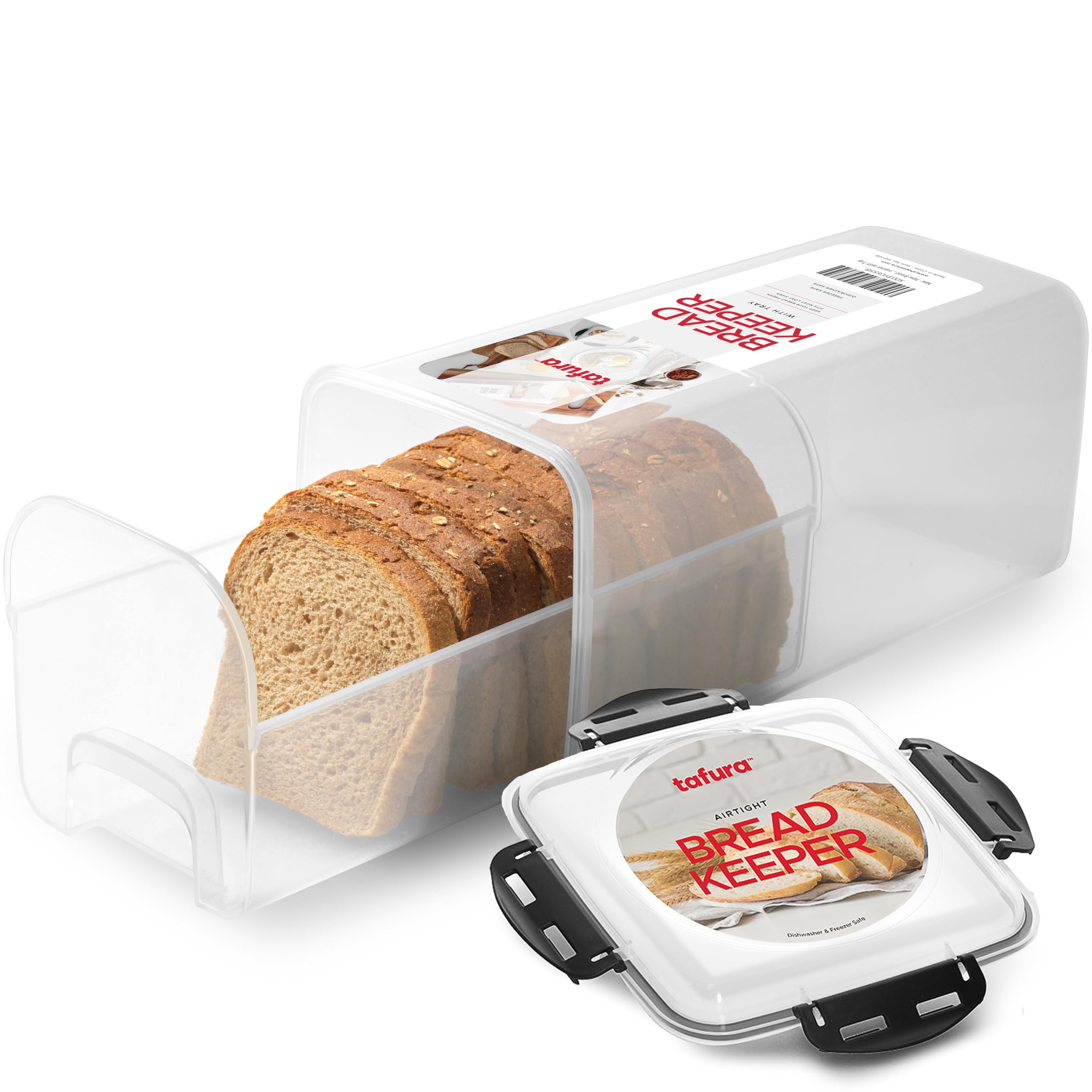 Tafura Bread Storage Container with Tray, Plastic Bread Box, Bread Container with Airtight Lid, Loaf Bread Keeper, Bread Holder for Homemade Bread, BPA Free