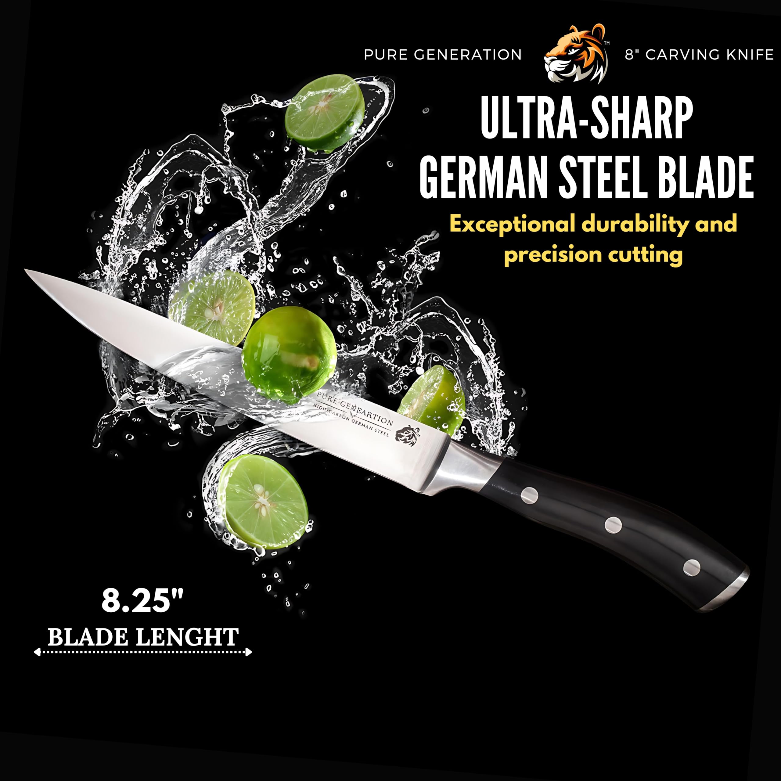 Pure Generation 8" Carving Knife for Meat - Brisket Knife, Razor Sharp German Steel Meat Knife, Slicing Knife for Turkey, Ham & Fruit, BBQ Knife, Meat Cutting Knife, Long Knife with Ergonomic Handle