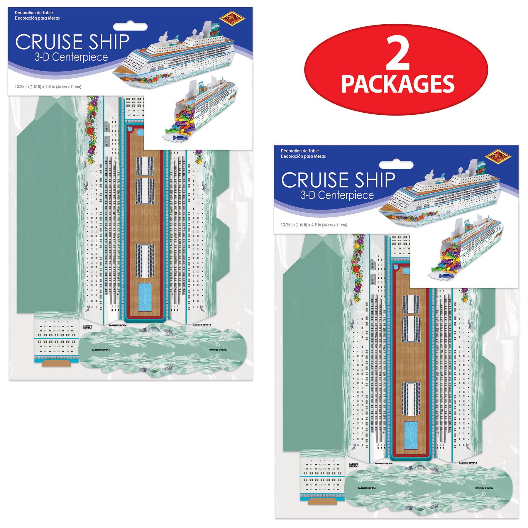 Beistle 2 Piece Three Dimensional Fillable Cruise Ship Table Centerpieces, 13.25" Nautical Decorations-Bon Voyage Ocean Theme Party Supplies, Made In USA Since 1900, Multicolor