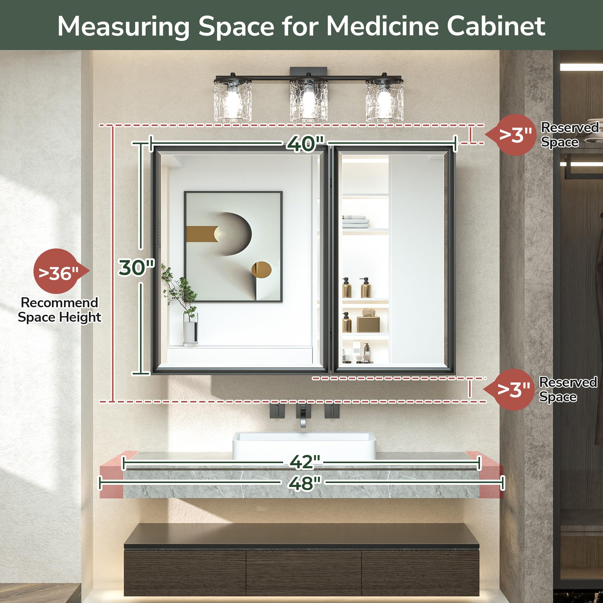 TokeShimi 40x30 Recessed Medicine Cabinet with Mirror, Silver Mirror with Storage Bathroom Aluminum 2 Door, Wall Mounted Metal Recessed Medicine Cabinets for Bathroom with Beveled Mirror