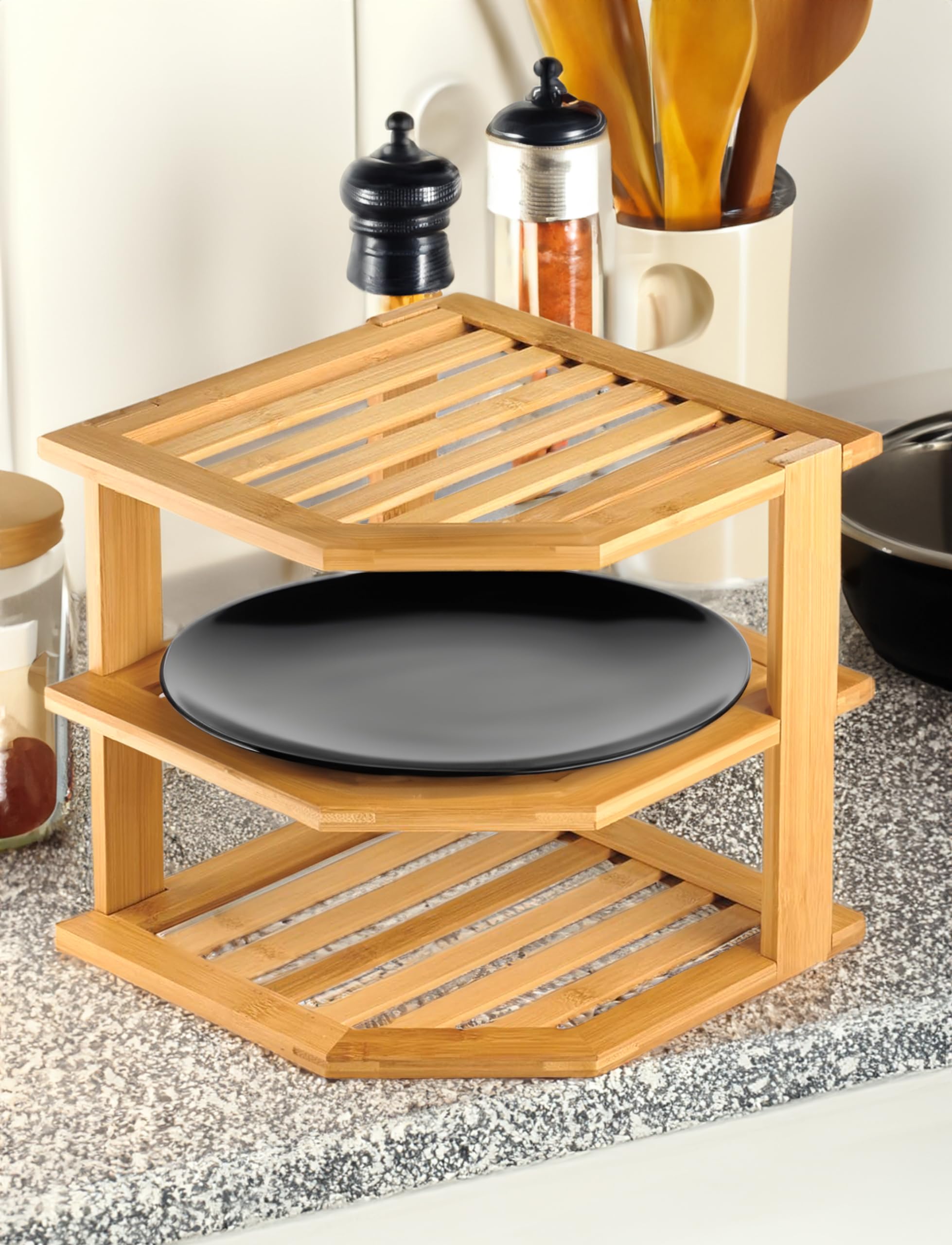 RoyalHouse Bamboo 3-Tier Corner Shelf Organizer for Countertop & Kitchen Cabinet, Space Organizer for Kitchen and Bathroom