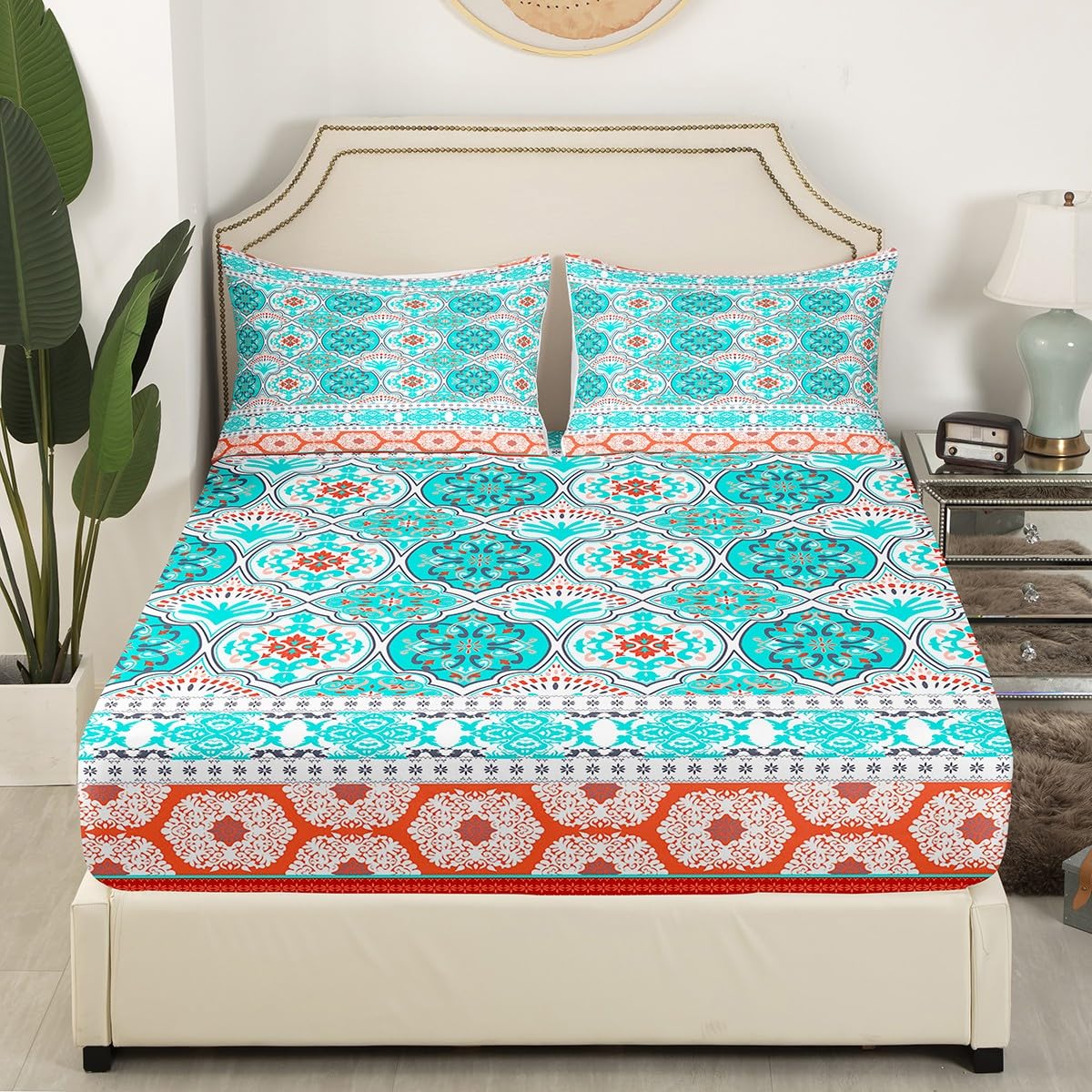 Feelyou Aqua Bed Sheet Set Lattice Boho Sheets Set Queen Size for Girls Women Teens College Bohemian Bedding Set Exotic Floral Tribal Bed Sheets with Deep Pocket Fitted Sheet Room Decor Bed Set