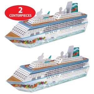 Beistle 2 Piece Three Dimensional Fillable Cruise Ship Table Centerpieces, 13.25" Nautical Decorations-Bon Voyage Ocean Theme Party Supplies, Made In USA Since 1900, Multicolor