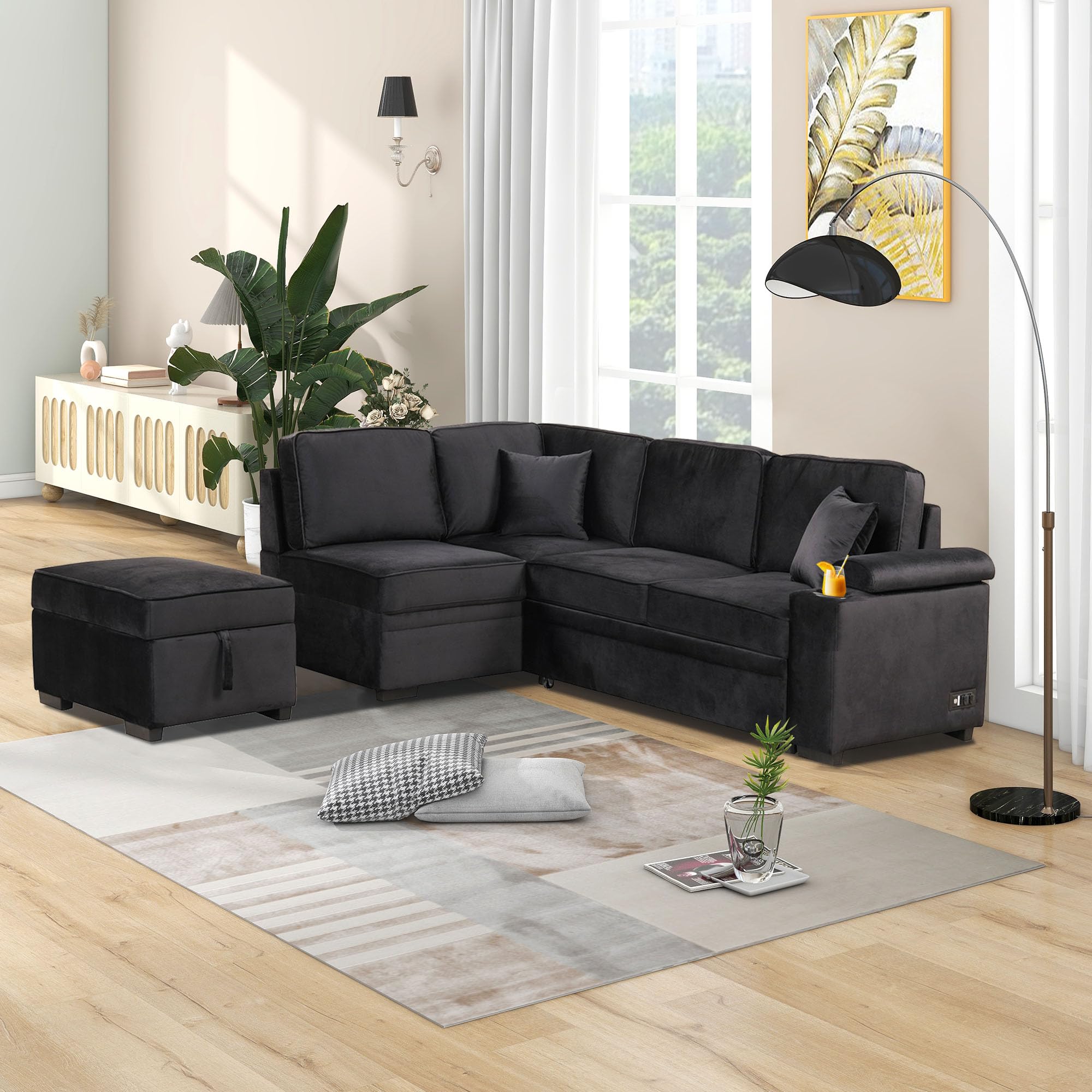 Merax L Shaped Sectional Sofa Couch Pull Out Sleeper Bed with Storage Ottoman for Living Room, Small Apartment Love Seats, Black_Linen