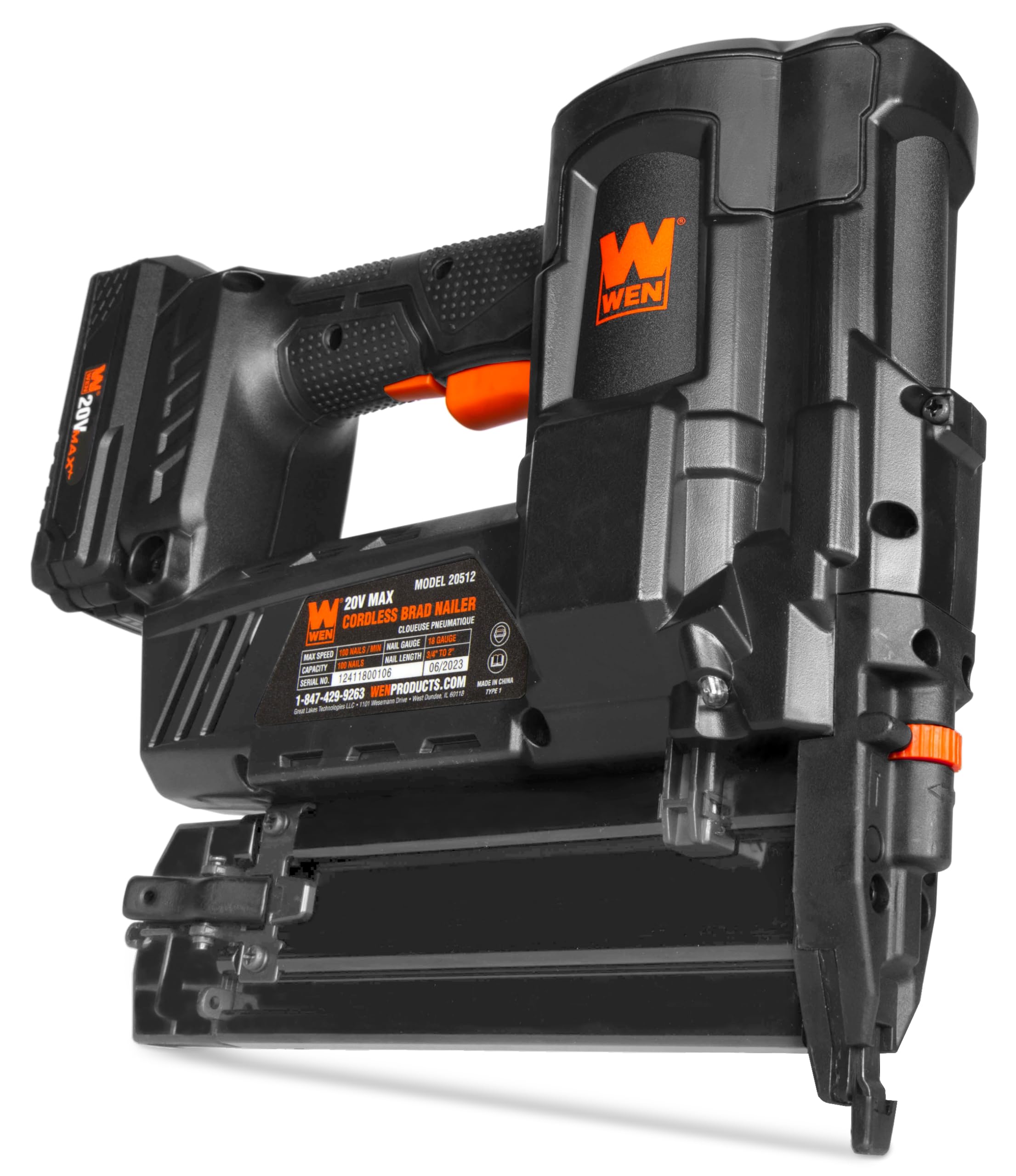 WEN 20V Max Cordless 18-Gauge Brad Nailer with 2.0Ah Battery and Charger (20512)