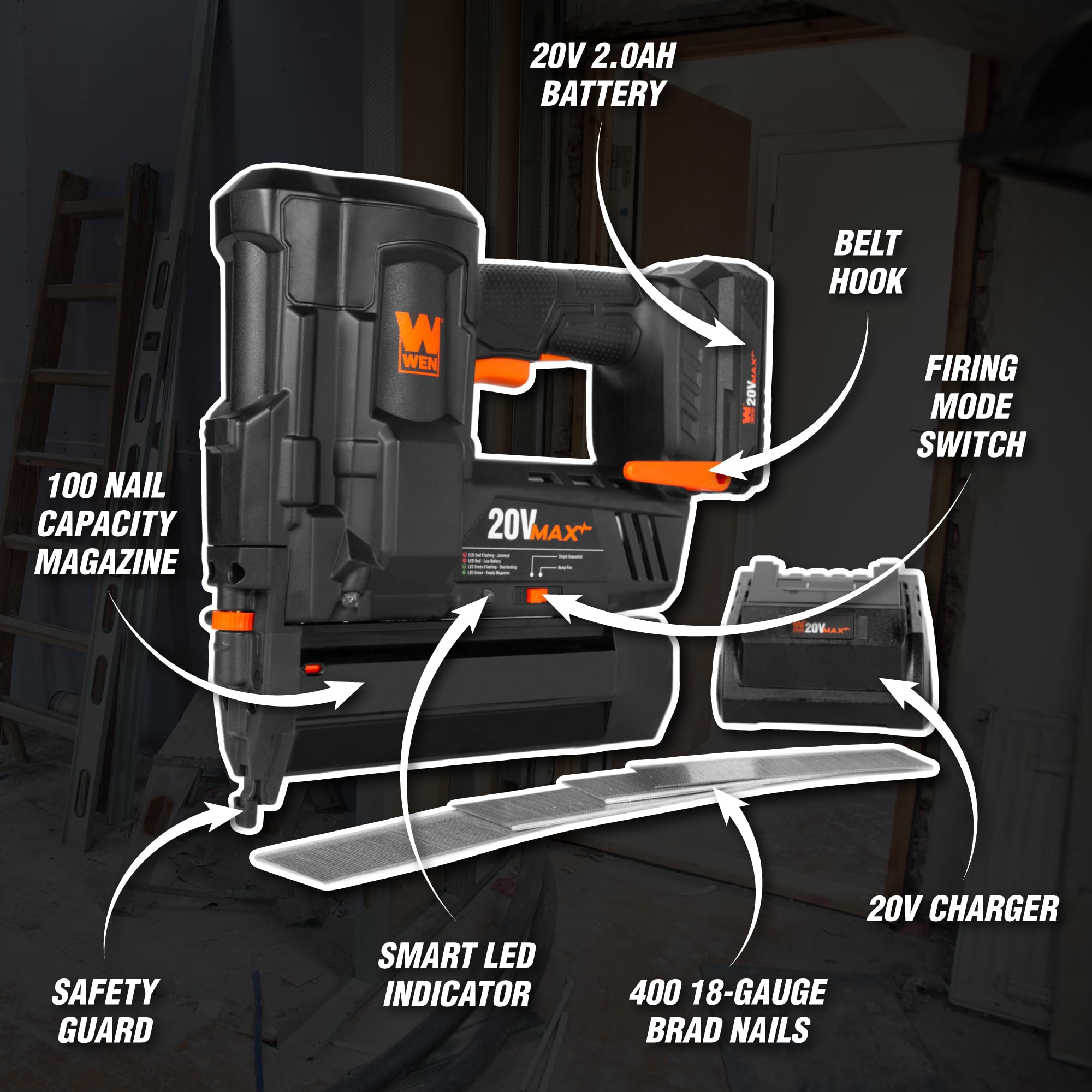 WEN 20V Max Cordless 18-Gauge Brad Nailer with 2.0Ah Battery and Charger (20512)