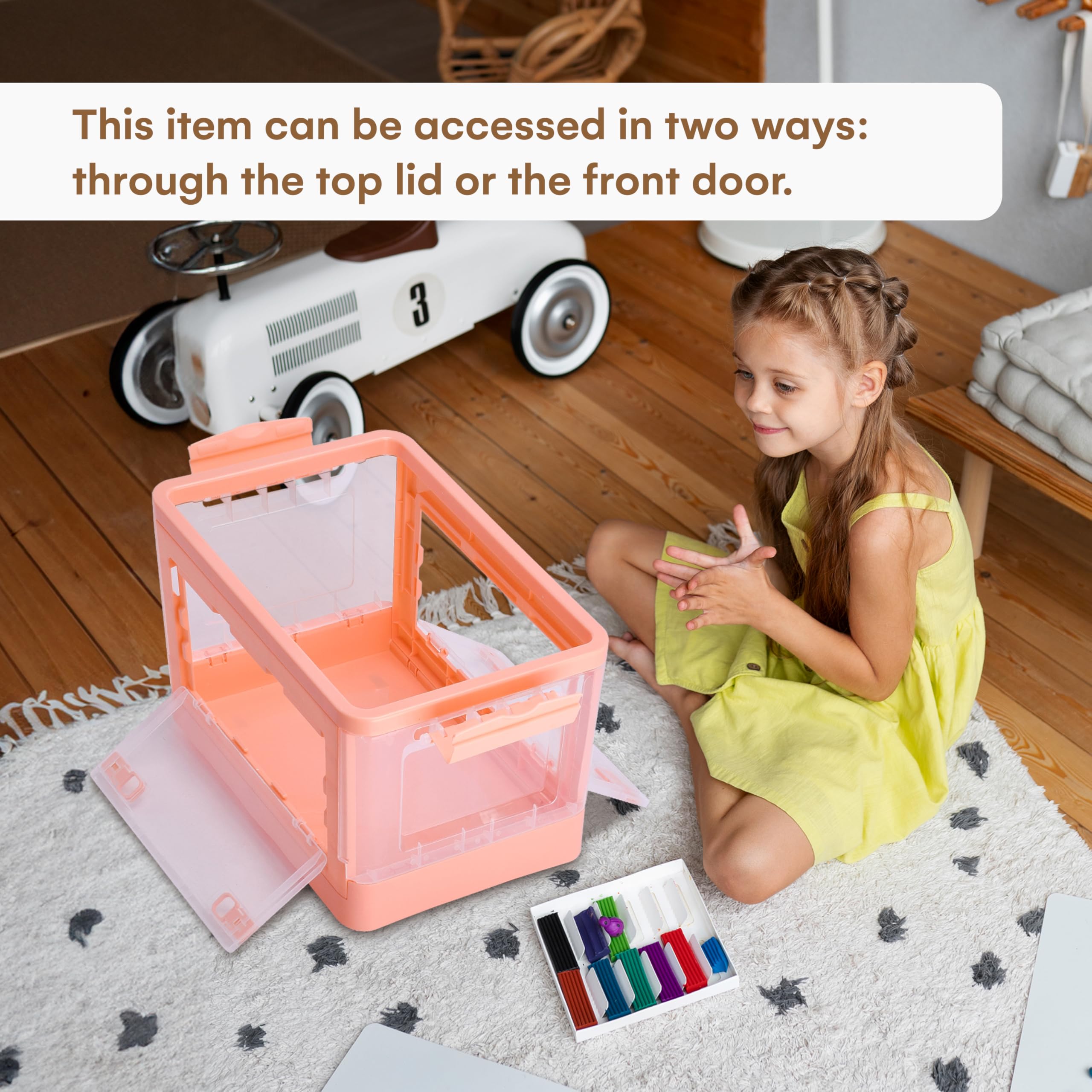 CHILDLIKE BEHAVIOR Foldable Bins with Lids - Pink Plastic Toy Bin - Heavy-Duty, Odorless, Built-in Lock Buckles, Two Opening Ways, Stackable, Moveable - 22.4 x 15 x 31.5 inches