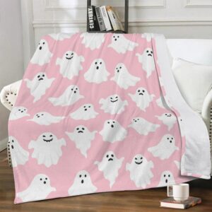 Pink Ghost Blanket for Girls Women Kids Flannel Plush Cute Throw Blanket Soft Cozy Throw Blankets for Couch Bed Sofa Pink Halloween Kawaii Living Room Decor Blankets Gifts for All Season 50x60 Inch