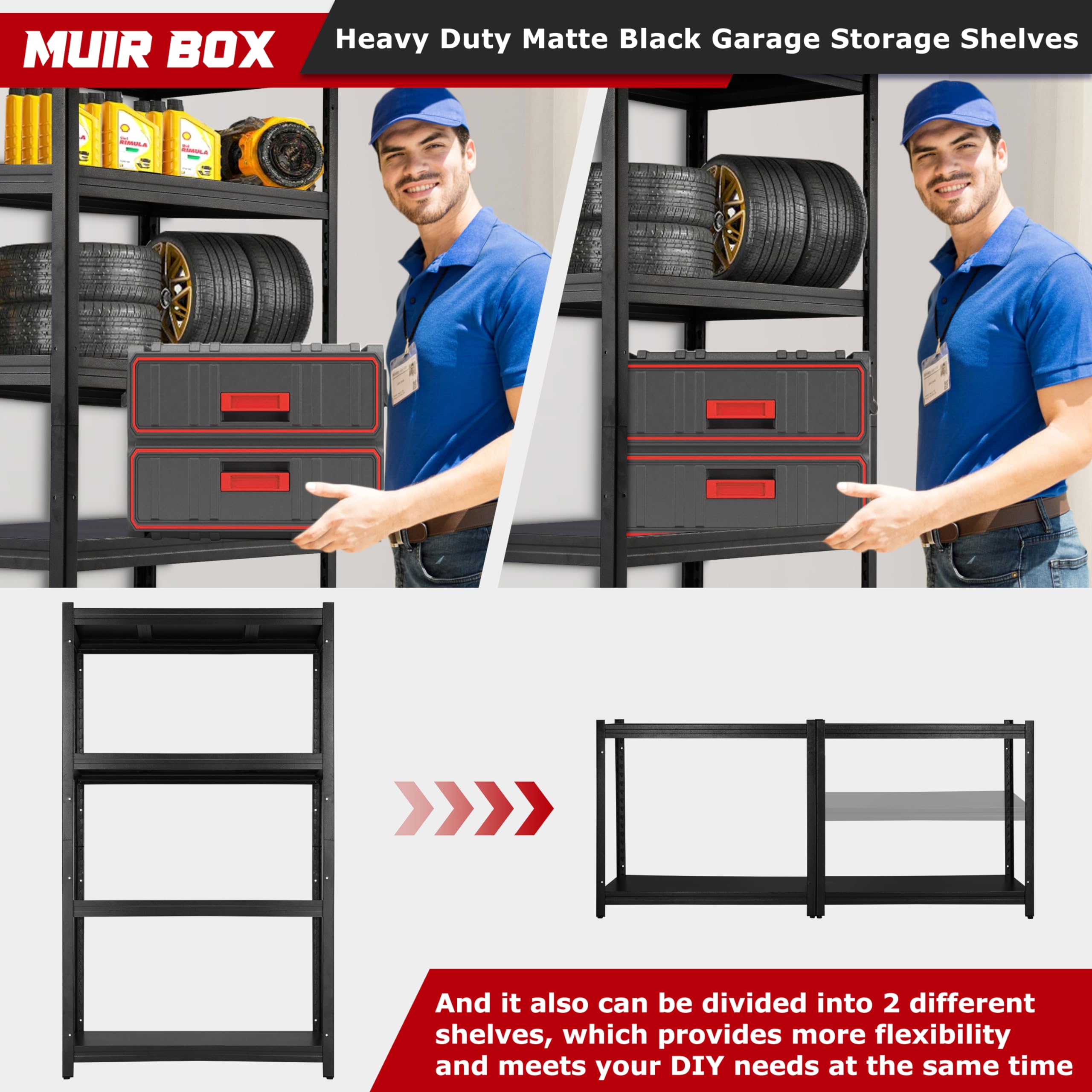 MUIR BOX 4 Tier 40" Wx20 Dx57 H Garage Shelving Heavy Duty 500lbs/ Shelf, 2000lbs Garage Storage Shelves Adjustable Heavy Duty Metal Shelving for Garage Industrial Rack 40" Wx20 Dx57 H