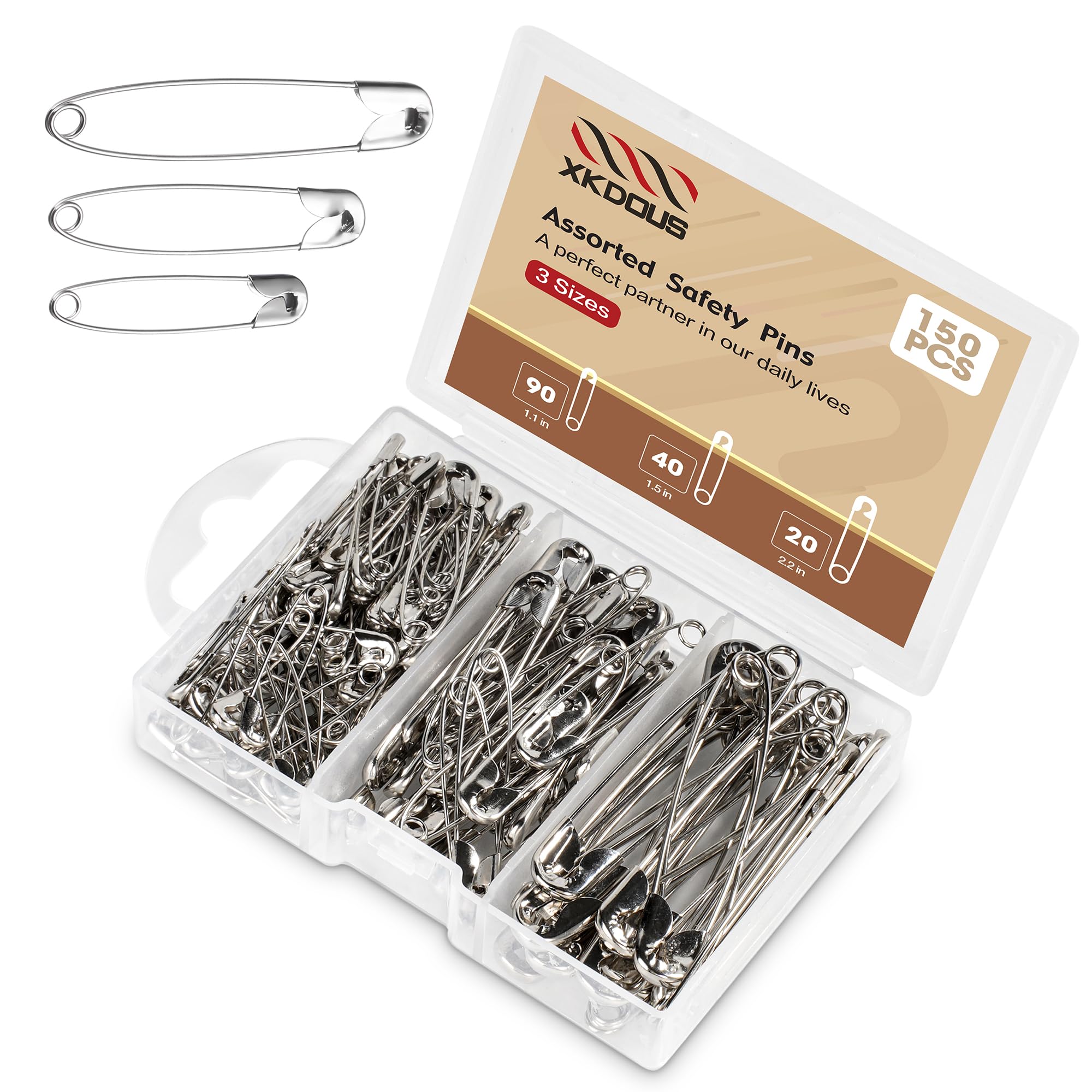 XKDOUS Safety Pins, 150 PCS Safety Pins Assorted, 3 Different Sizes Silver Safety Pins Bulk, Small Safety Pins, Large Safety Pins Heavy Duty for Clothes, Sewing, Craft