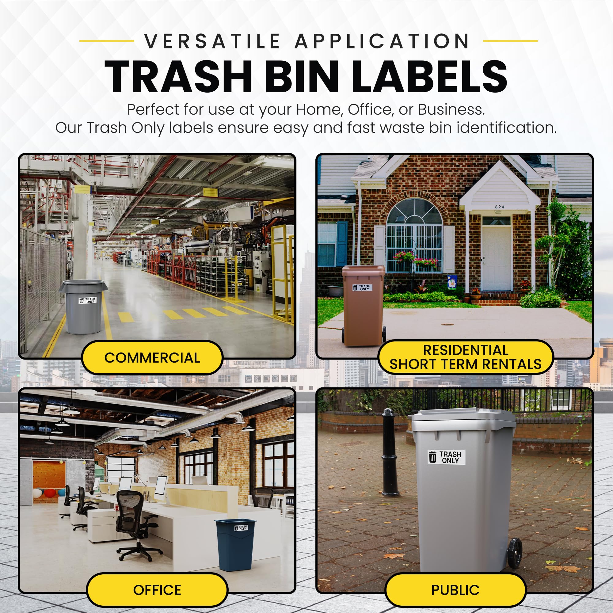 Trash Recycle Stickers – Heavy-Duty Trash Bin Labels - 3-5 Year Indoor/Outdoor Rated - Weather Proof, Ultra Durable - USA Made (6x2 inch), 10 Labels of Each, 20 Total