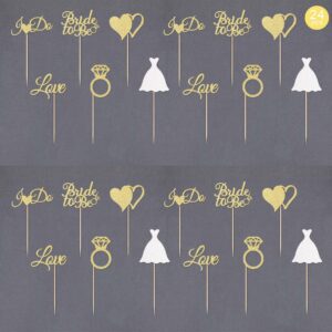 Gexolenu 24 Pcs Bride To Be Cupcake Toppers Gold Glitter Double-Sided I Do Love Heart Diamond Ring Cupcake Picks Decorations For Bridal Shower Wedding Engagement Party Supplies