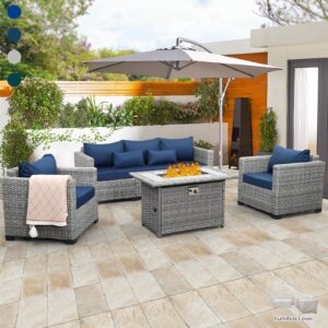 rattaner 4 pcs outdoor furniture sets patio furniture set patio couch outdoor chairs 42-in wicker fire pit table with anti-slip cushions and waterproof covers, navy blue