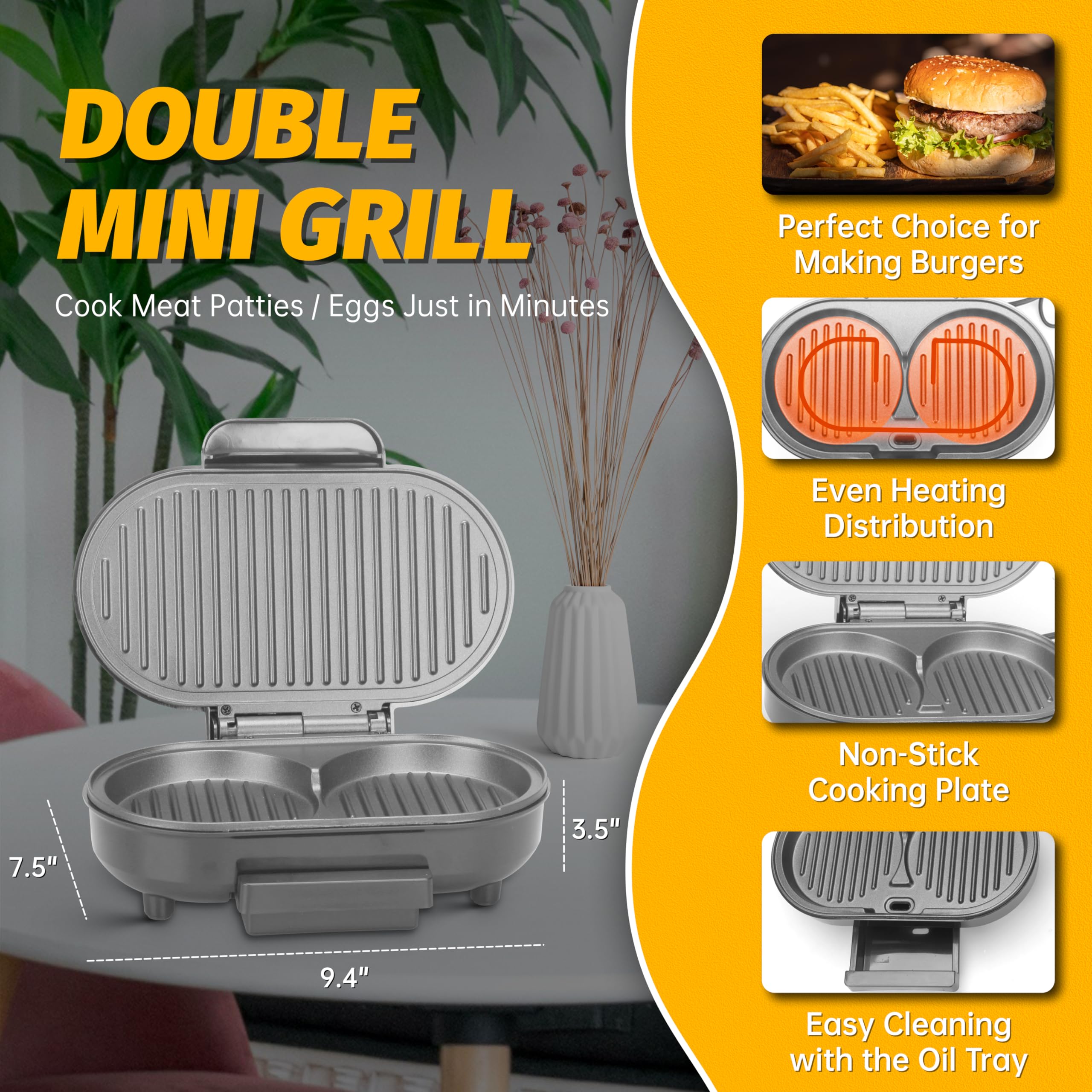 FineMade Double Mini Grill Maker, Breakfast Sandwich Maker, Burger Press Patty Maker, Panini Press Grill, Small Electric Grill, Ideal for Making Breakfast, Lunch and Snacks