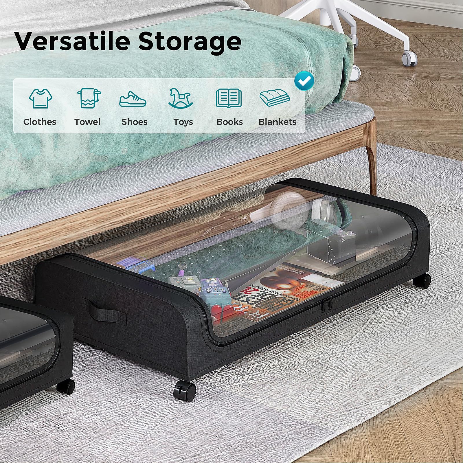 oylik 2 Pack Under Bed Storage with Wheels, Under Bed Shoe Storage Larger Capacity with PVC Clear Window & Label, Under the Bed Storage Containers for Shoe Clothes Toy Book(Black)