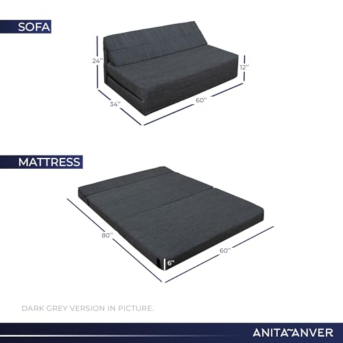 Anita Anver 60" Fold Out Couch Bed, Sleeper Chair Futon, Washable Linen Cover, Comfort Optimized Back-Support Design (Queen, Dark Grey)