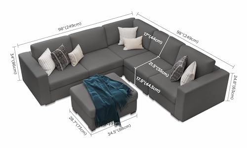 Sectional Couches for Living Room: Modular L Shaped Couch with Ottoman - Grey U Shape Sofa Furniture Set 6 Piece Modern Upholstered Oversized Daybed Sleeper Sofas