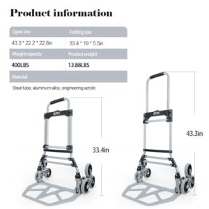 RJTEK Stair Climber Dolly - 400 lb Capacity, Improved Tire Size, Effortlessly Climbs 18cm Stairs, Hand Truck and Dolly,Heavy-Duty Cart with Telescoping Handle, Large Tires, and 2 Ropes